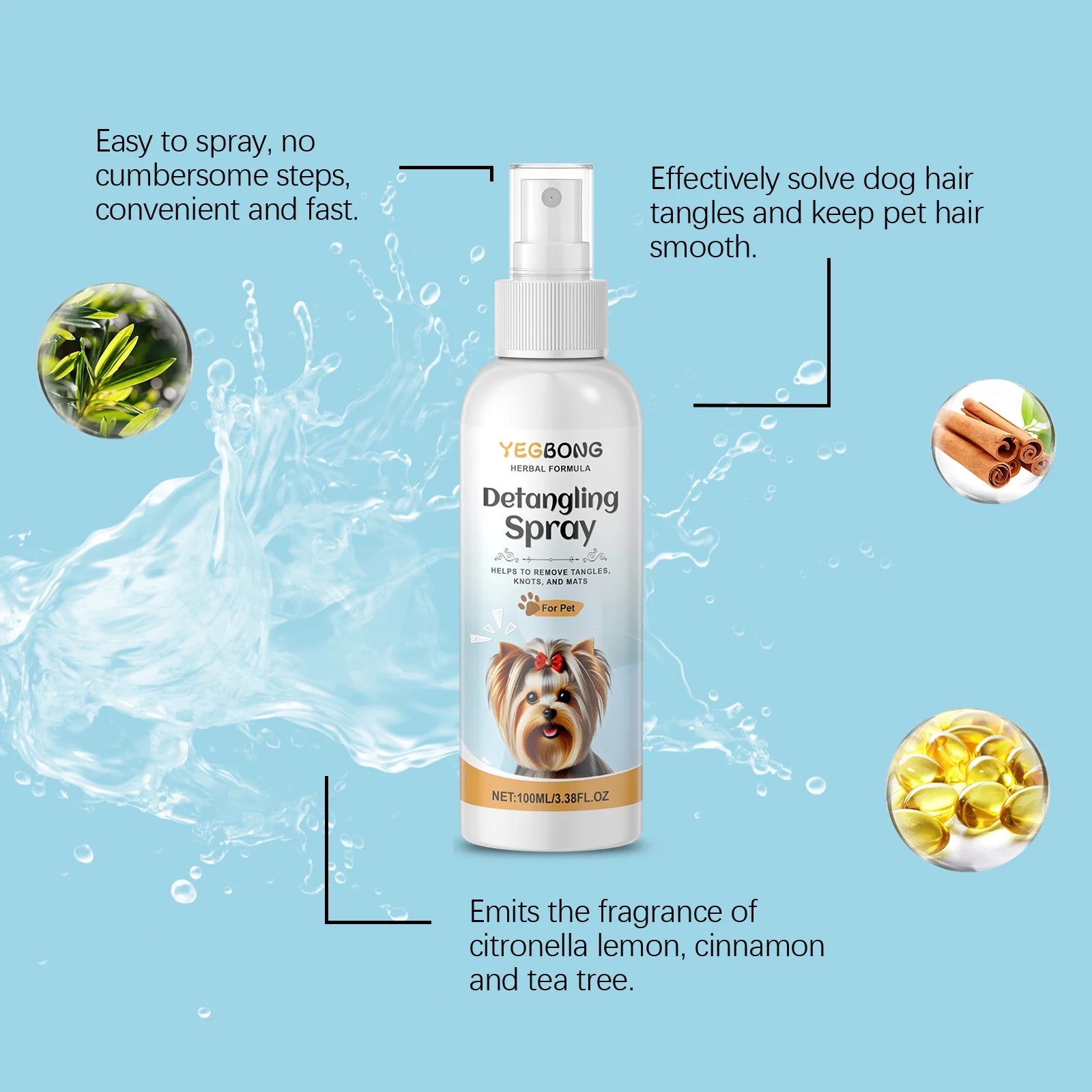 Dog Grooming Spray Effectively Remove Dirt Impuritie Solve Hair Tangles Smoothing Hair Lasting Moisturizing Pet Detangling Spray