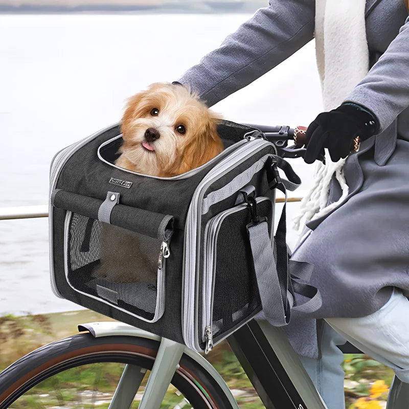 Dog or Cat Bike Basket, Expandable Soft Sided Pet Carrier Backpack with 4 Open Doors, Foldable Dog Bike Carrier