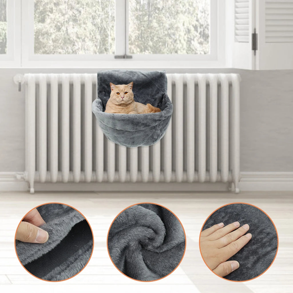 Hanging Cat Bed Plush Pet Radiator Bed with Metal Frame Warm Fleece Basket Foldable Cradle Hammock Cat Supplies for Small Pet