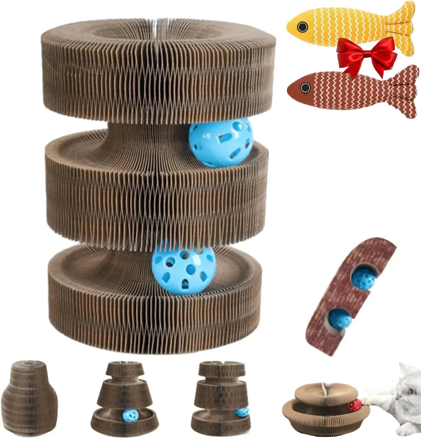 Cat Scratch Board Cat Toy with Bell Cat Cat Climbing Frame Foldable Recyclable Accordion Cardboard Kitten Toy with Ball