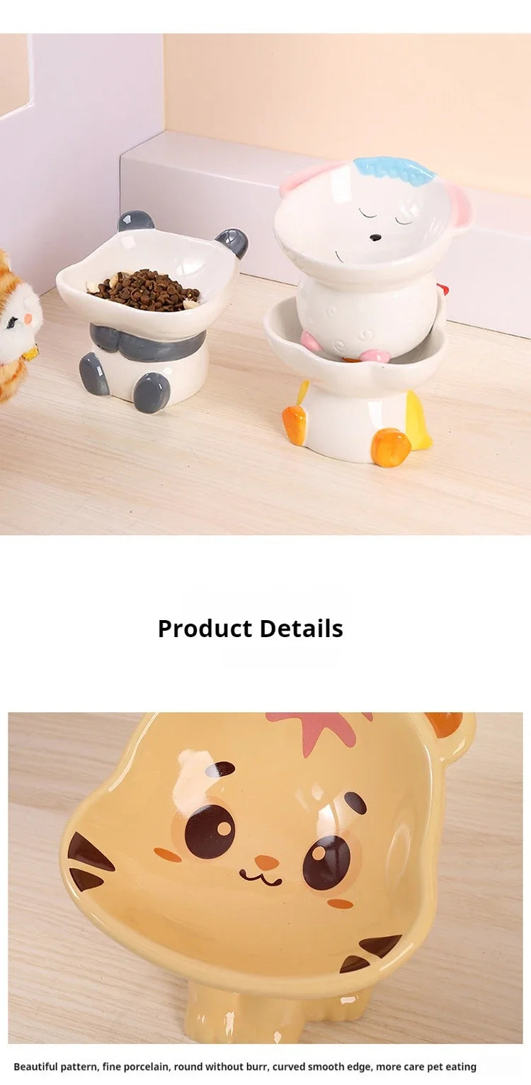 Cartoon cute pet bowl, ceramic high neck protection, anti black chin, multifunctional water and food container, cat and dog bowl