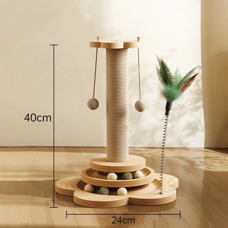 4-in-1 Wooden Cat Scratching Post with Track Ball, Feather & Sisal Balls, Interactive Scratcher Toy for Kittens Adult Cats