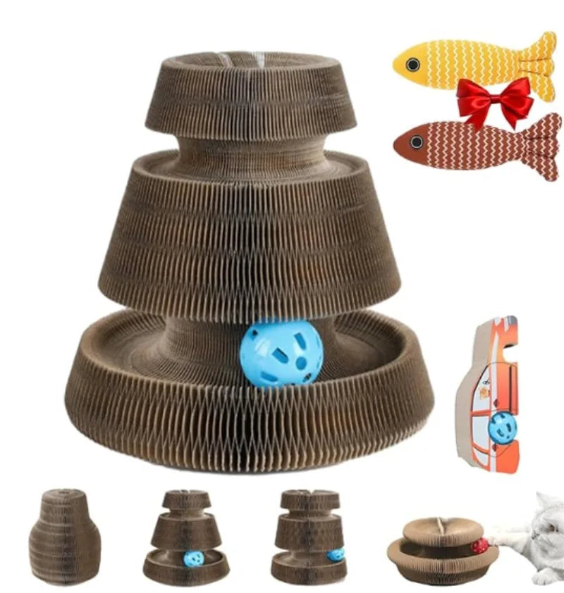 Cat Scratch Board Cat Toy with Bell Cat Cat Climbing Frame Foldable Recyclable Accordion Cardboard Kitten Toy with Ball