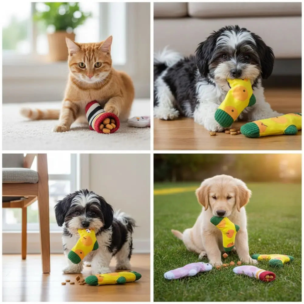 Cute Sound Making Pet Treat Dispenser Bite-Resistant Durable Chew Toy Squeaker Cartoon Socks Cat
