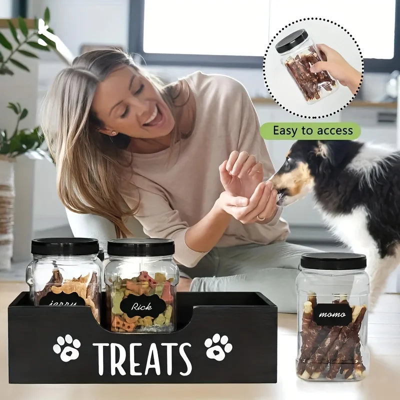 A wooden pet snack box with 3 sealed plastic cans Wooden Standing Pet Food Storage Container Box for Dog and Cat Treats