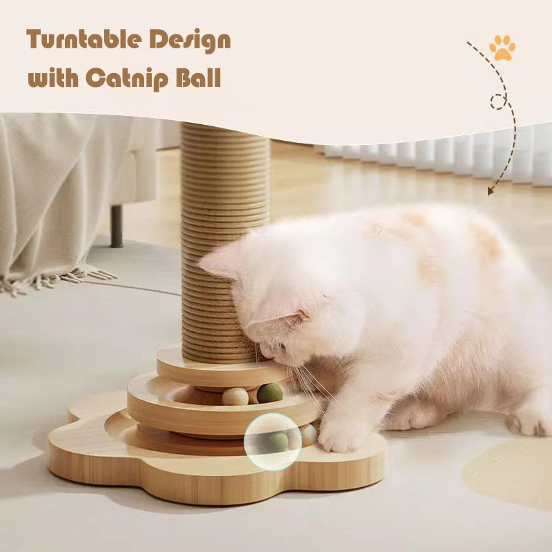 4-in-1 Wooden Cat Scratching Post with Track Ball, Feather & Sisal Balls, Interactive Scratcher Toy for Kittens Adult Cats