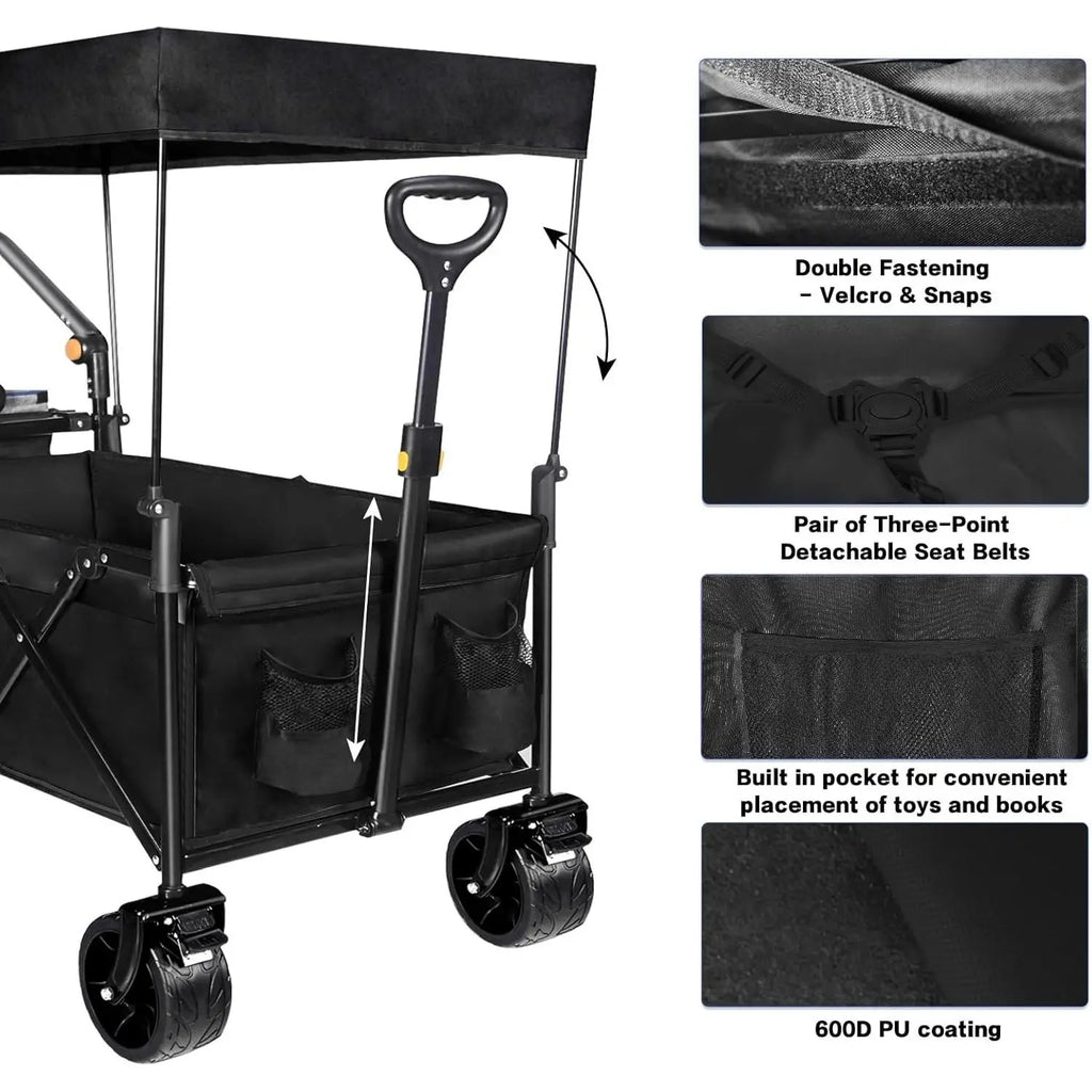 Heavy Duty Collapsible Wagon Cart Removable Canopy 4\" Wide Large All Terrain Wheels Adjustable Brake Handles for Camping