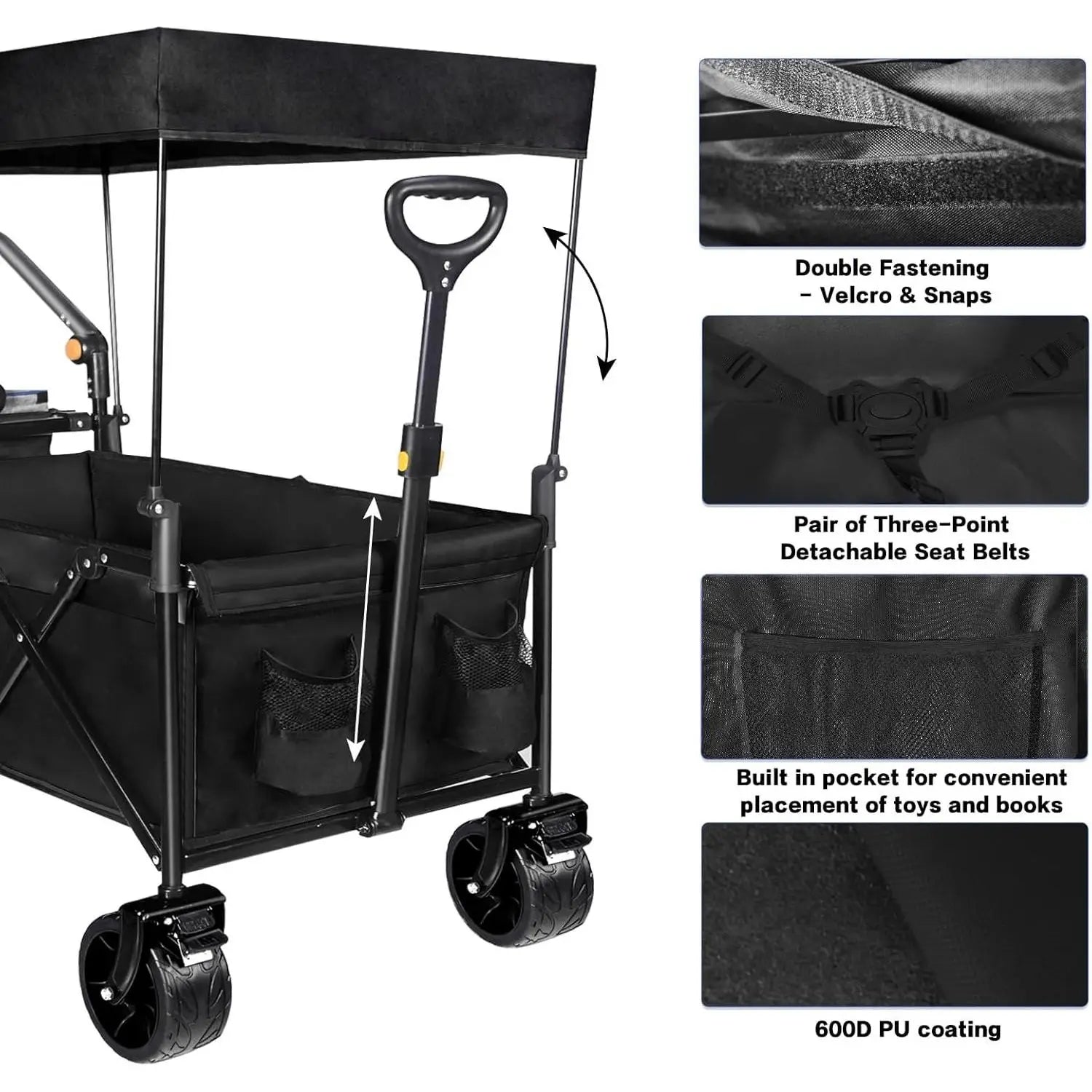 Heavy Duty Collapsible Wagon Cart Removable Canopy 4\" Wide Large All Terrain Wheels Adjustable Brake Handles for Camping