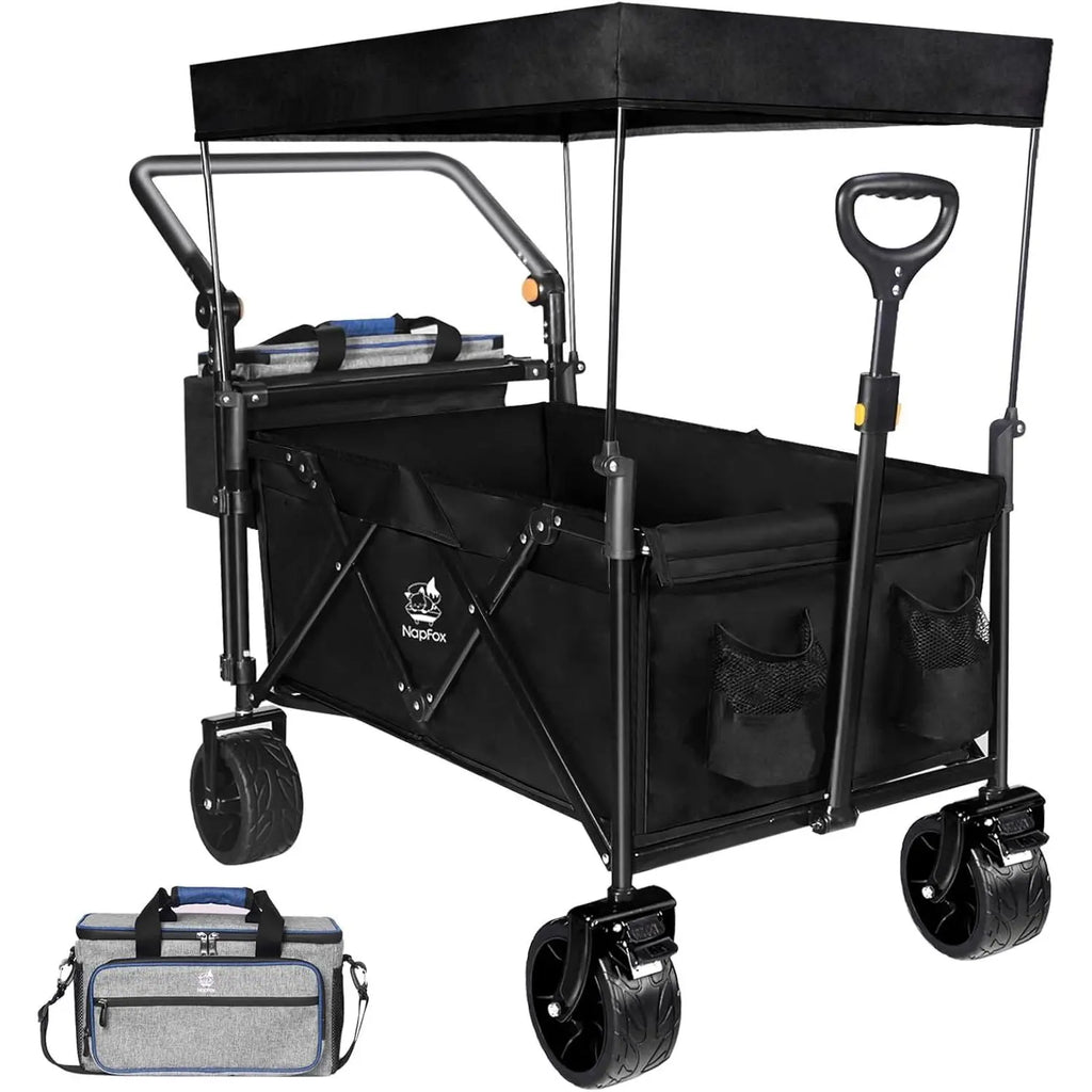 Heavy Duty Collapsible Wagon Cart Removable Canopy 4\" Wide Large All Terrain Wheels Adjustable Brake Handles for Camping