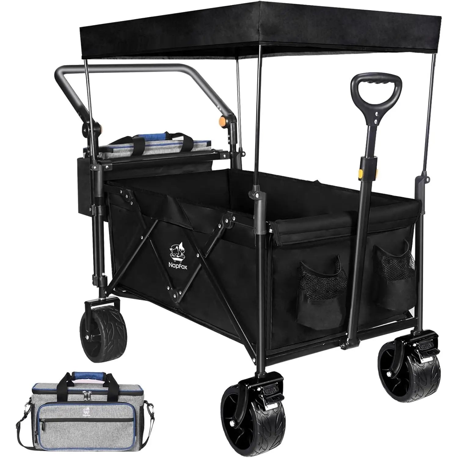 Heavy Duty Collapsible Wagon Cart Removable Canopy 4\" Wide Large All Terrain Wheels Adjustable Brake Handles for Camping