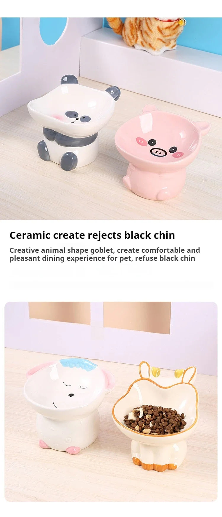 Cartoon cute pet bowl, ceramic high neck protection, anti black chin, multifunctional water and food container, cat and dog bowl