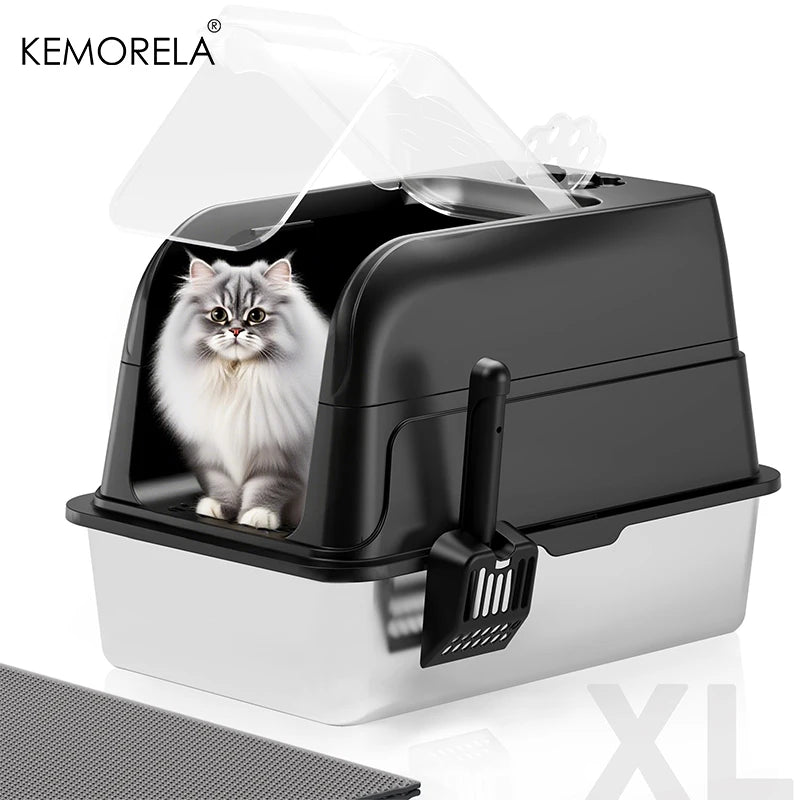 Enclosed Stainless Steel Cat Litter Box Cat Litter Box with Lid Mat & Scoop High-Sided Metal Kitty Leak-Proof Tray For Big Cats