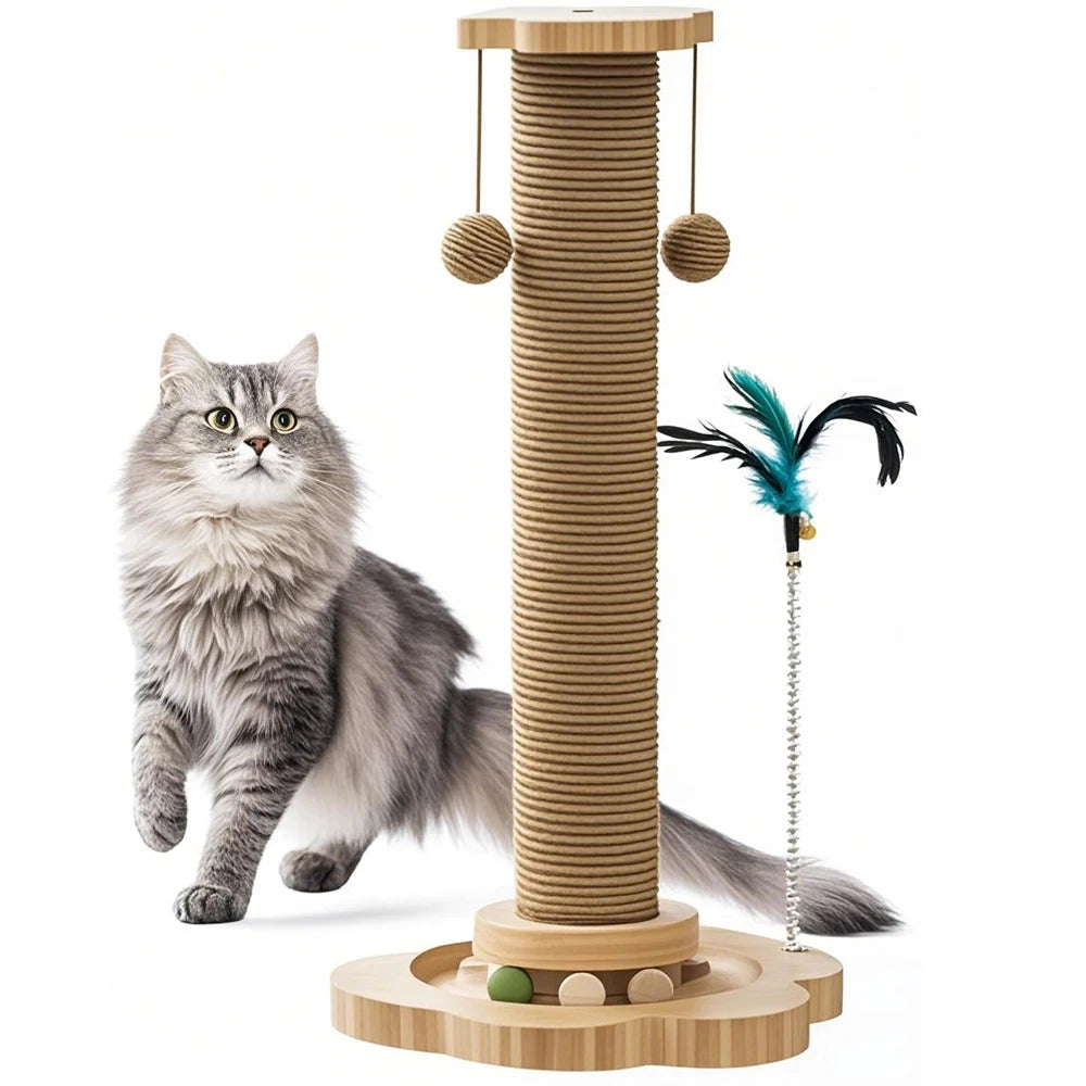 4-in-1 Wooden Cat Scratching Post with Track Ball, Feather & Sisal Balls, Interactive Scratcher Toy for Kittens Adult Cats