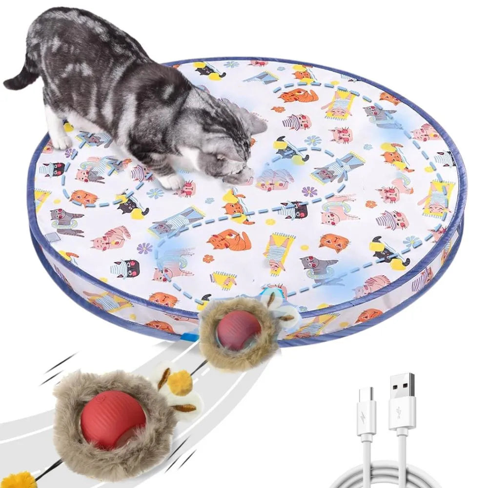 Interactive Cat Chase Toy with USB Rechargeable Rolling Balls - Durable Plastic & Soft Polyester, Cartoon Design for Exercise &