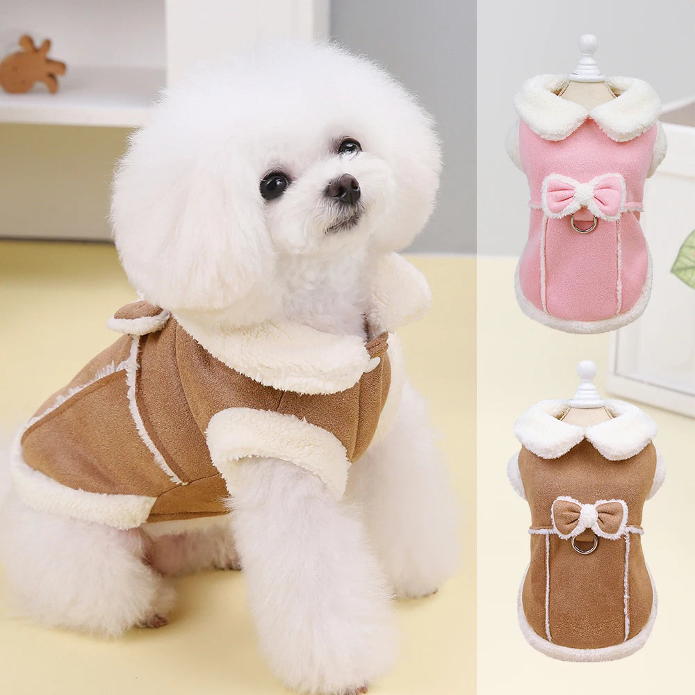 Cute Dog Clothes Jacket Dogs Winter Puppy Coat Clothing With Bowknot Warm Fur Pet Outfit Soft For Small Medium Dogs Chihuahua