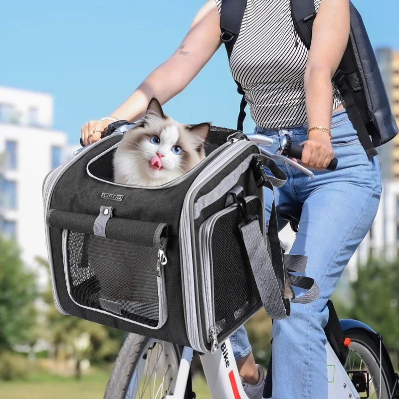 Dog or Cat Bike Basket, Expandable Soft Sided Pet Carrier Backpack with 4 Open Doors, Foldable Dog Bike Carrier