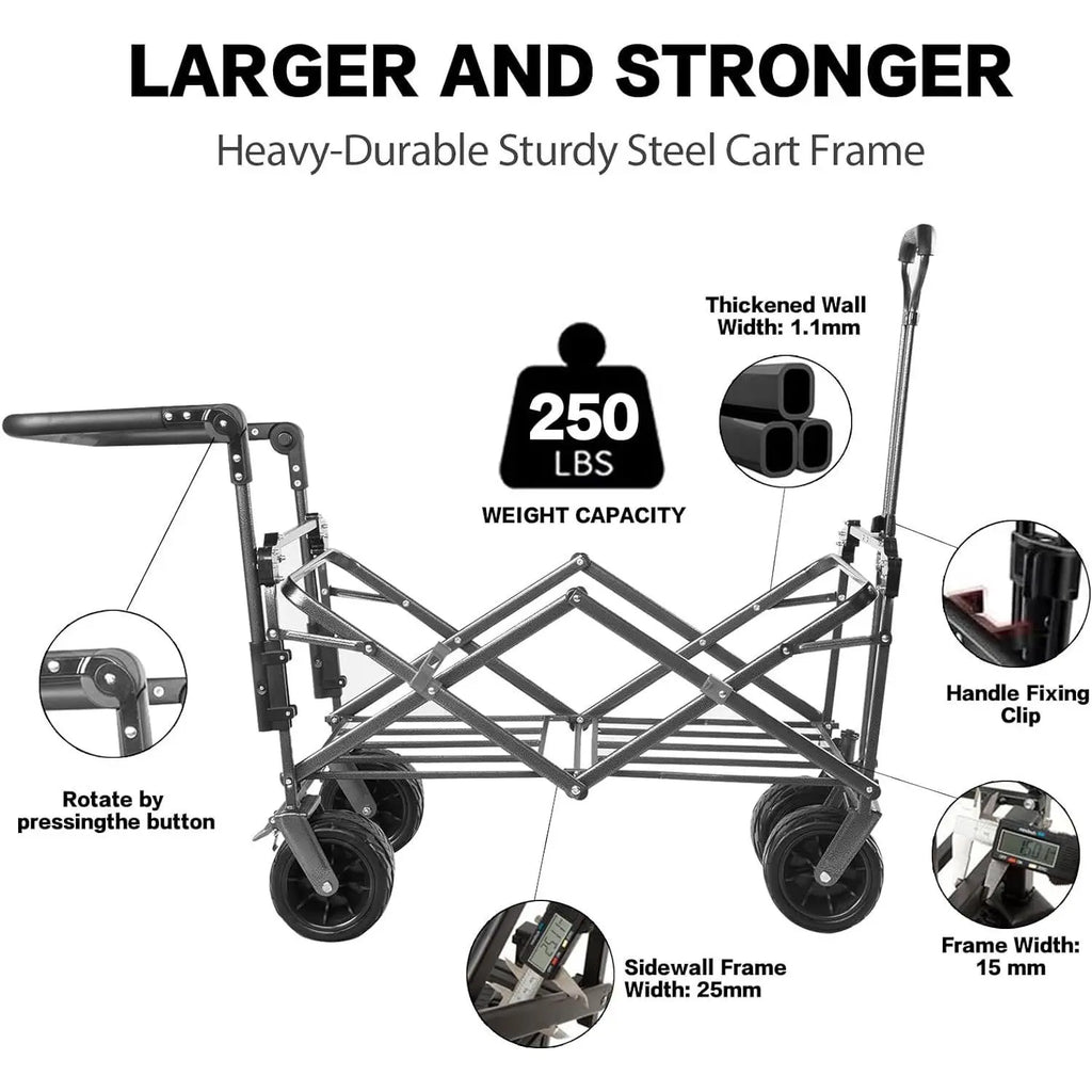 Heavy Duty Collapsible Wagon Cart Removable Canopy 4\" Wide Large All Terrain Wheels Adjustable Brake Handles for Camping