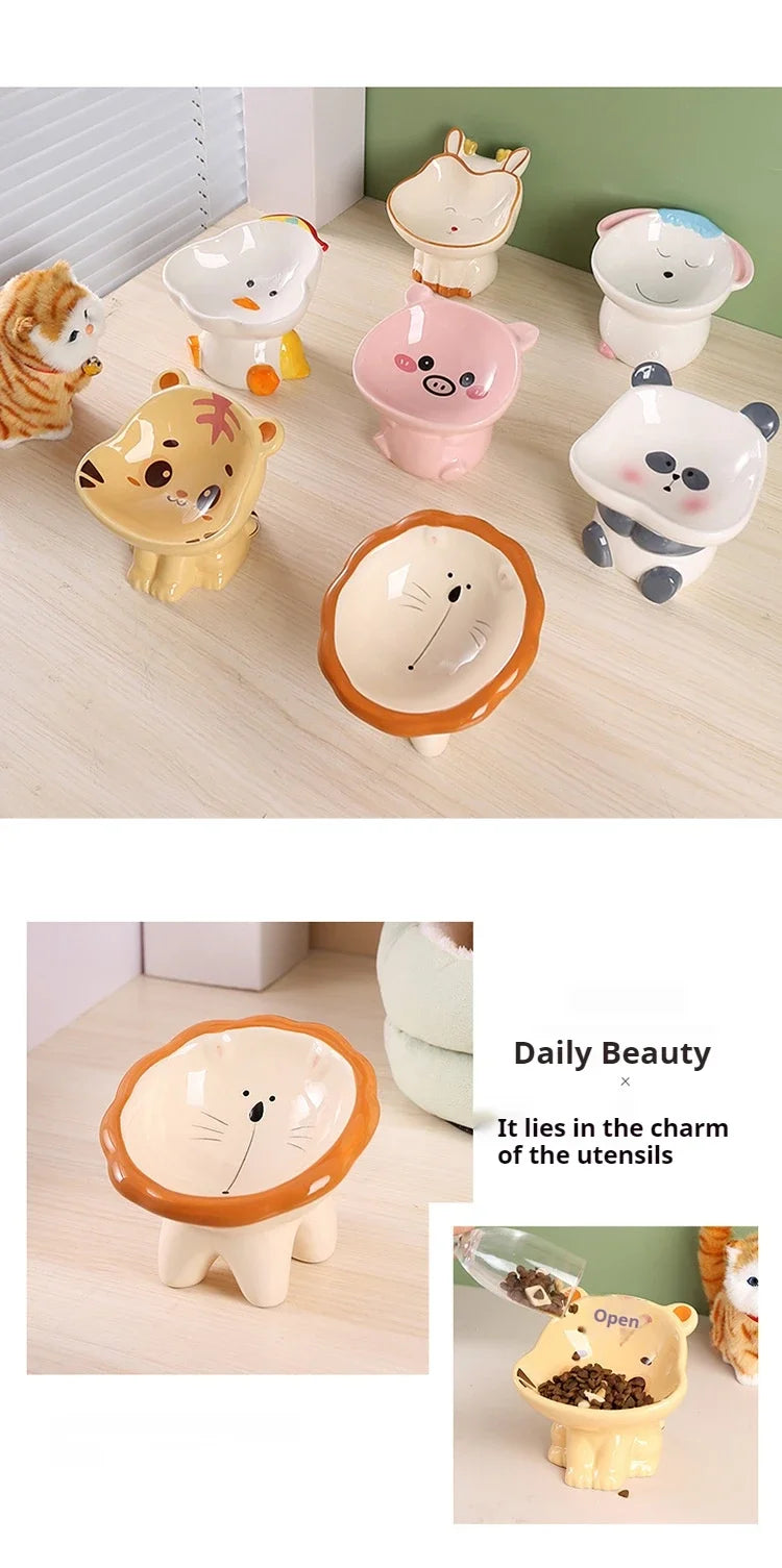 Cartoon cute pet bowl, ceramic high neck protection, anti black chin, multifunctional water and food container, cat and dog bowl