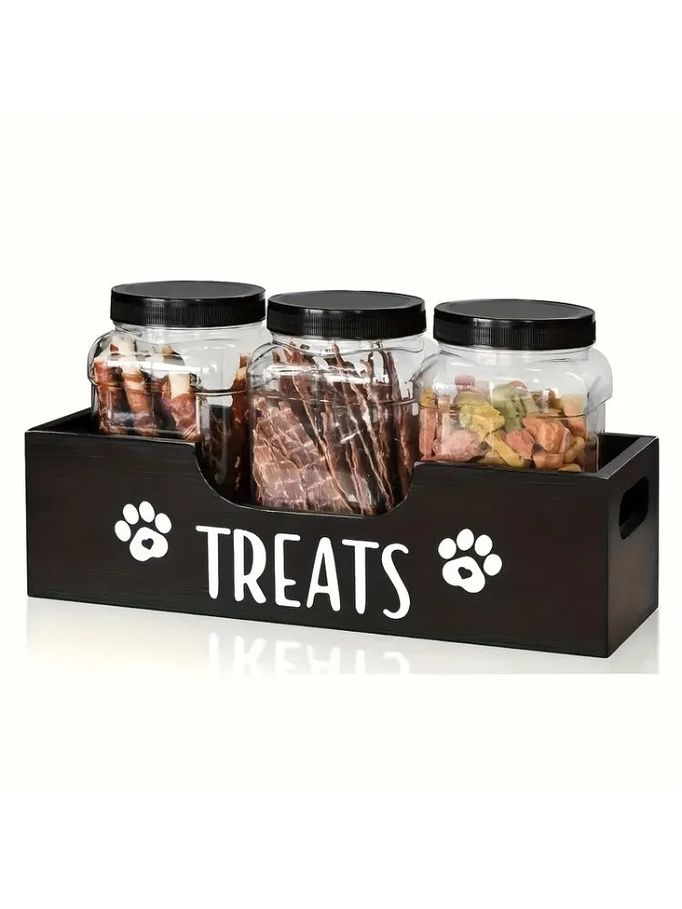 A wooden pet snack box with 3 sealed plastic cans Wooden Standing Pet Food Storage Container Box for Dog and Cat Treats