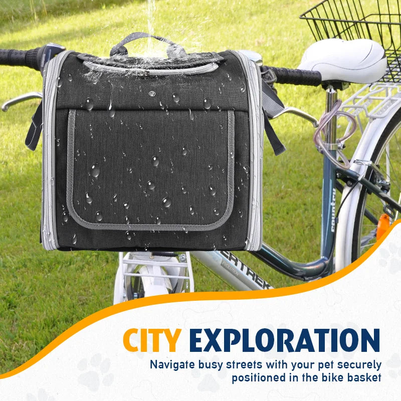 Dog or Cat Bike Basket, Expandable Soft Sided Pet Carrier Backpack with 4 Open Doors, Foldable Dog Bike Carrier