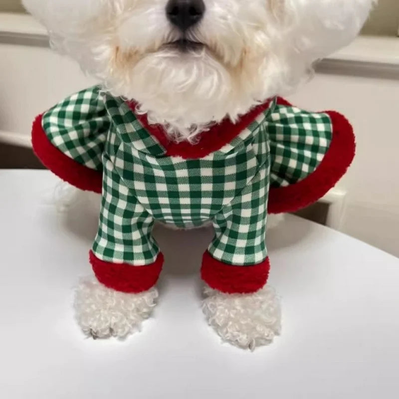 Fashion Plaid Dog Hoodies Christmas Pet Princess Dress Winter Warm Puppy Pullovers Snowman Pattern Cat Skirt Bichon Dog Clothes