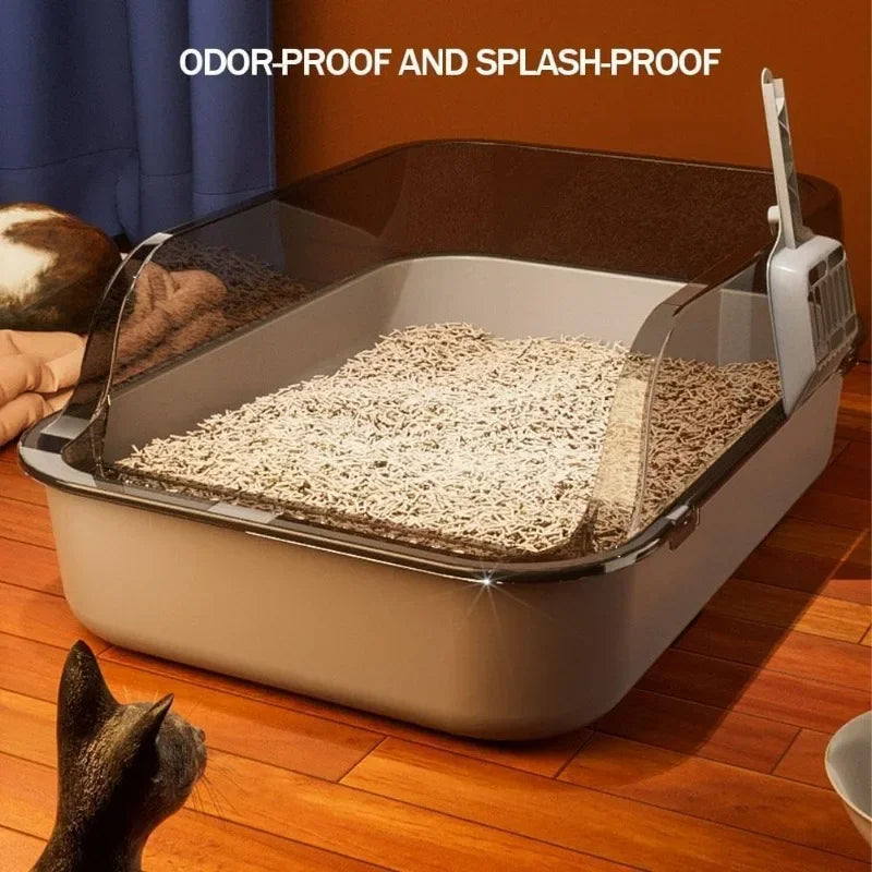 Easy Clean Cat Toilet Box with Scoop Semi Enclosed High Fence Open Top Kitty Litter Tray Durable Spacious Sandbox Pet Accessory