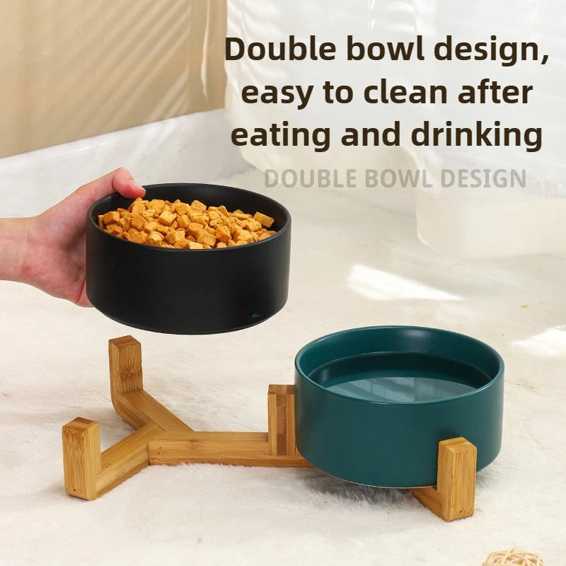Ceramic Pet Bowl Dish With Wood Stand No Spill Pet Ceramic Double Bowl For Dog Cat Food Water Feeder Cats Small Dogs Pet bowl