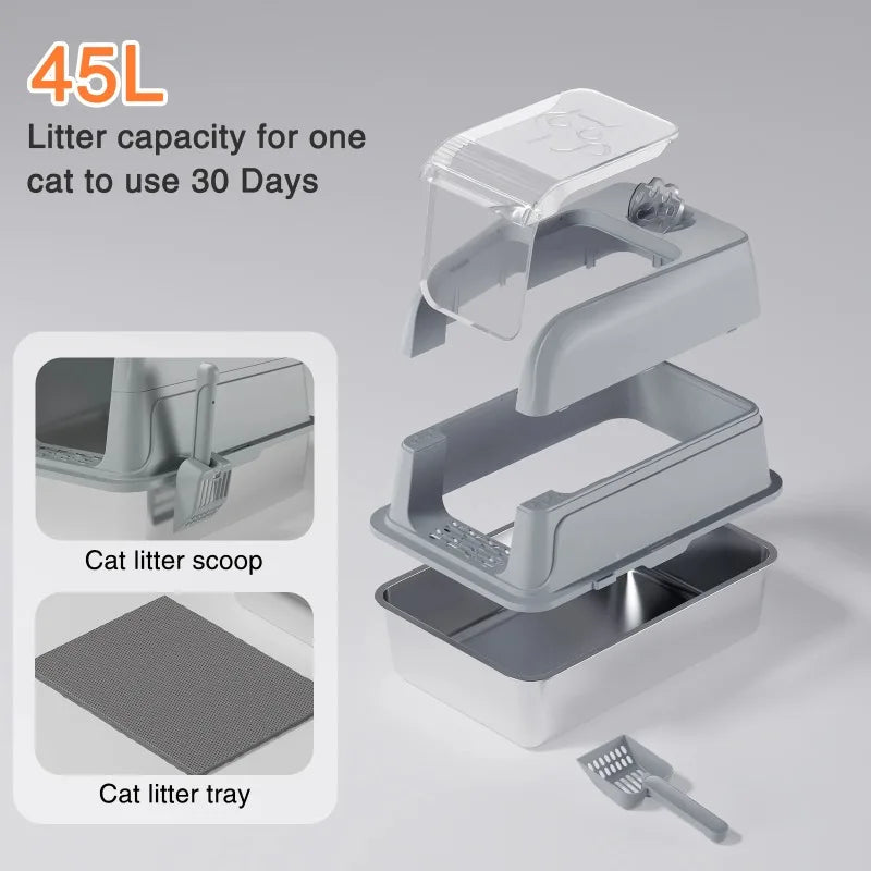Enclosed Stainless Steel Cat Litter Box Cat Litter Box with Lid Mat & Scoop High-Sided Metal Kitty Leak-Proof Tray For Big Cats