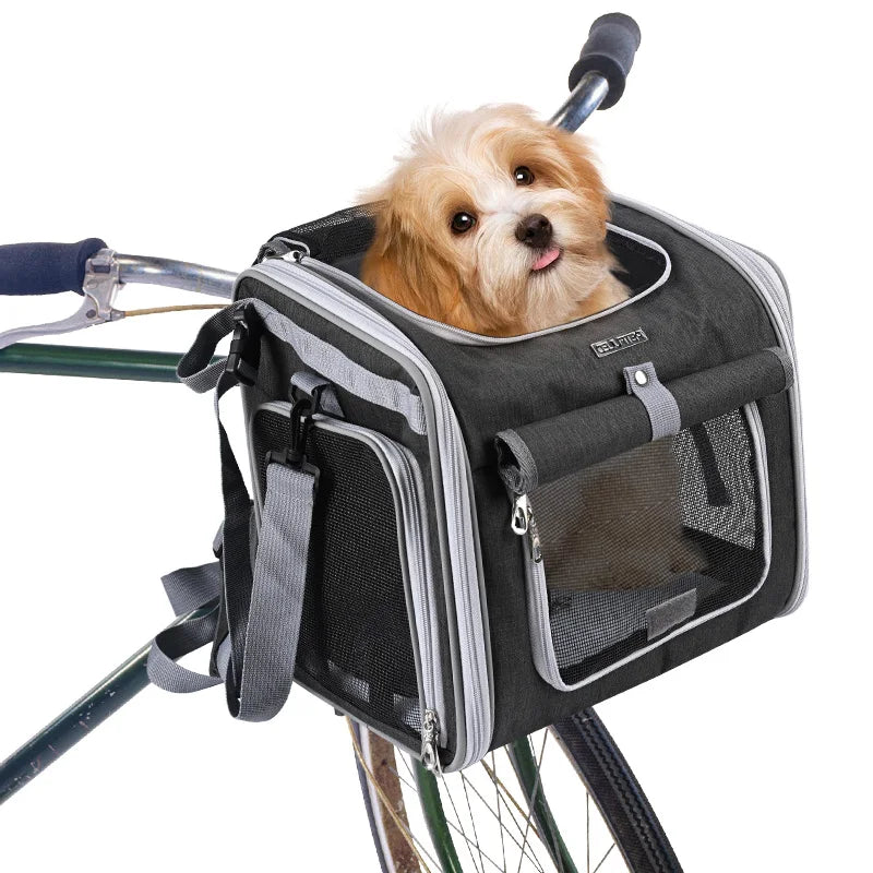 Dog or Cat Bike Basket, Expandable Soft Sided Pet Carrier Backpack with 4 Open Doors, Foldable Dog Bike Carrier