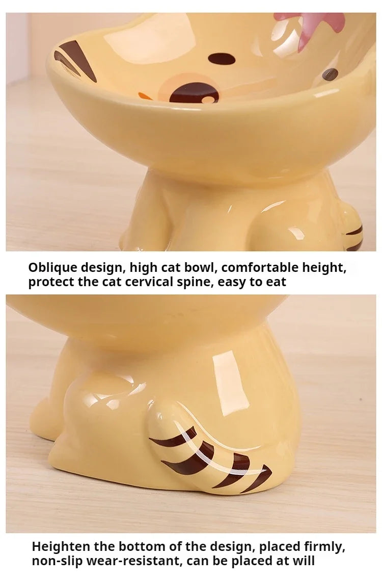 Cartoon cute pet bowl, ceramic high neck protection, anti black chin, multifunctional water and food container, cat and dog bowl