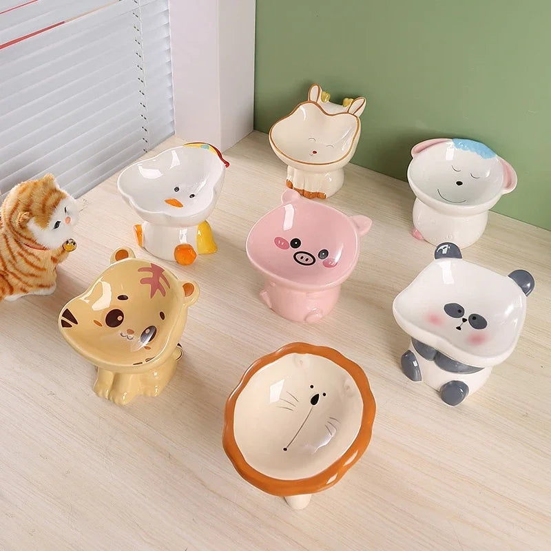 Cartoon cute pet bowl, ceramic high neck protection, anti black chin, multifunctional water and food container, cat and dog bowl