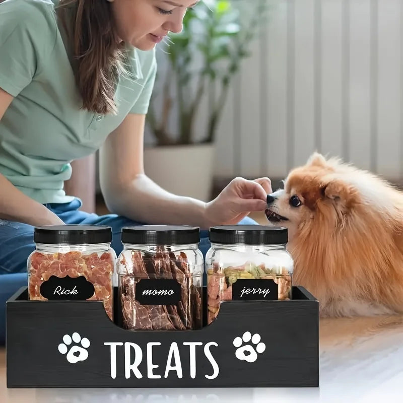 A wooden pet snack box with 3 sealed plastic cans Wooden Standing Pet Food Storage Container Box for Dog and Cat Treats