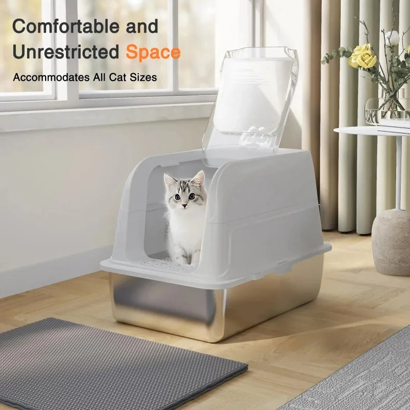Enclosed Stainless Steel Cat Litter Box Cat Litter Box with Lid Mat & Scoop High-Sided Metal Kitty Leak-Proof Tray For Big Cats