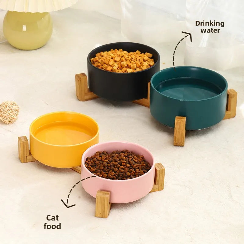 Ceramic Pet Bowl Dish With Wood Stand No Spill Pet Ceramic Double Bowl For Dog Cat Food Water Feeder Cats Small Dogs Pet bowl