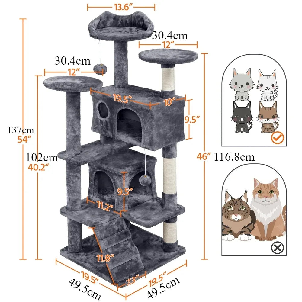 Cat Tree for Large Cats with Large Top Perch Multi-Level Tower for Indoor Cats with Condo Hammock Sleeping Bag Dangling Ball