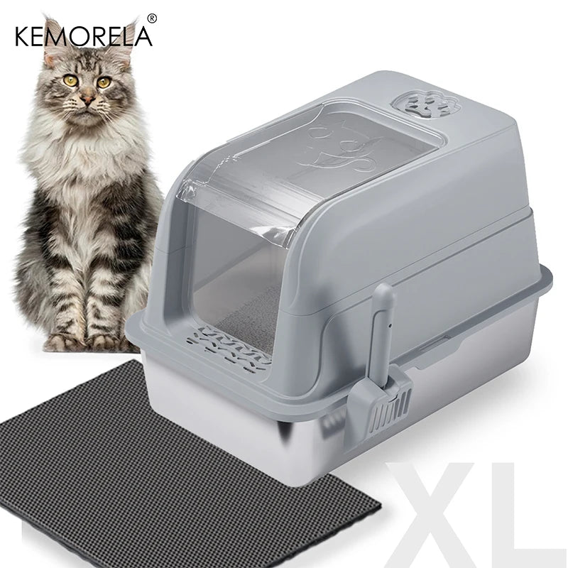 Enclosed Stainless Steel Cat Litter Box Cat Litter Box with Lid Mat & Scoop High-Sided Metal Kitty Leak-Proof Tray For Big Cats