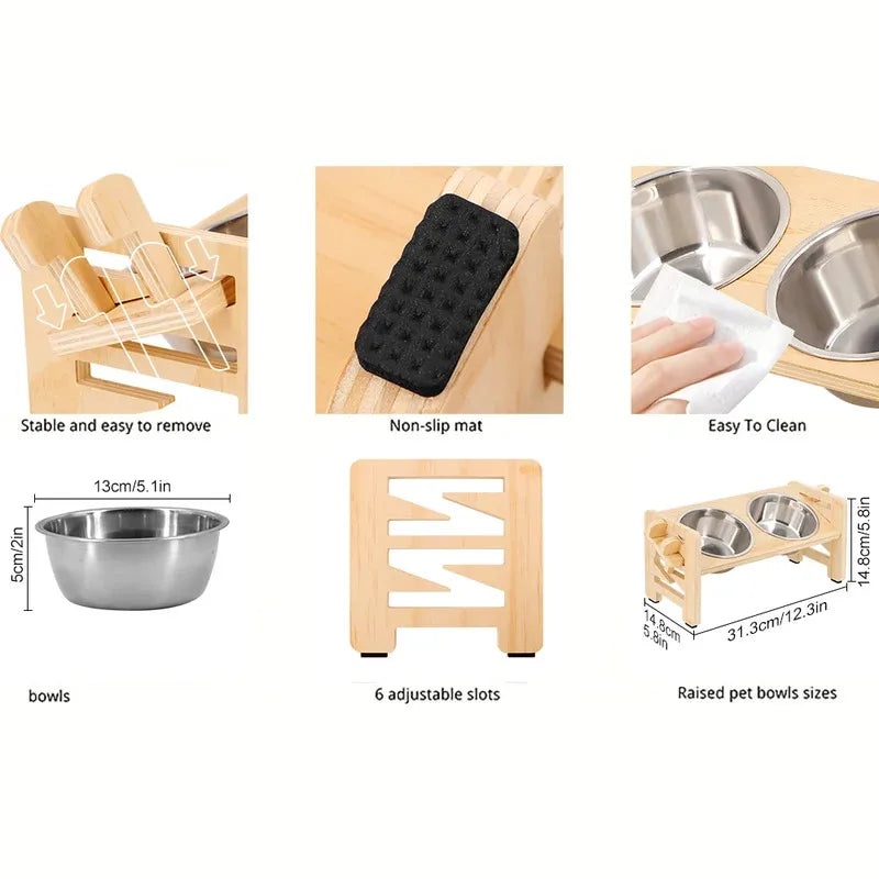 Elevated Pet Feeder Stand with 2 Stainless Steel Bowls Adjustable Tilted Design for Cats Dogs Neck Protection Easy Clean Feeding