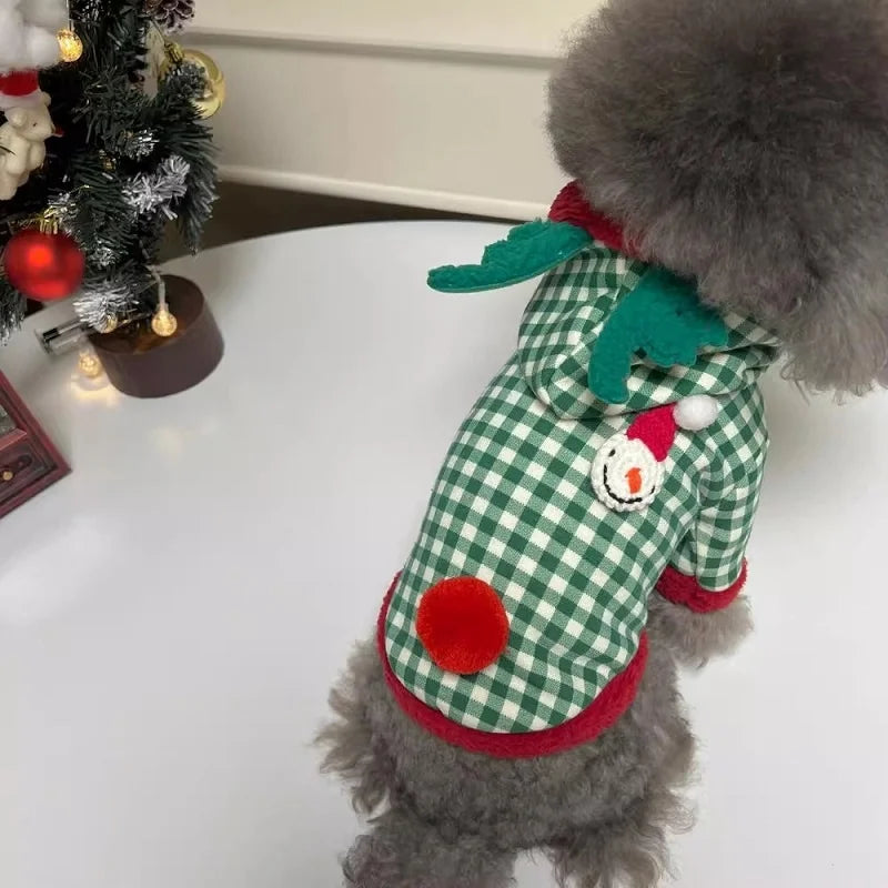 Fashion Plaid Dog Hoodies Christmas Pet Princess Dress Winter Warm Puppy Pullovers Snowman Pattern Cat Skirt Bichon Dog Clothes