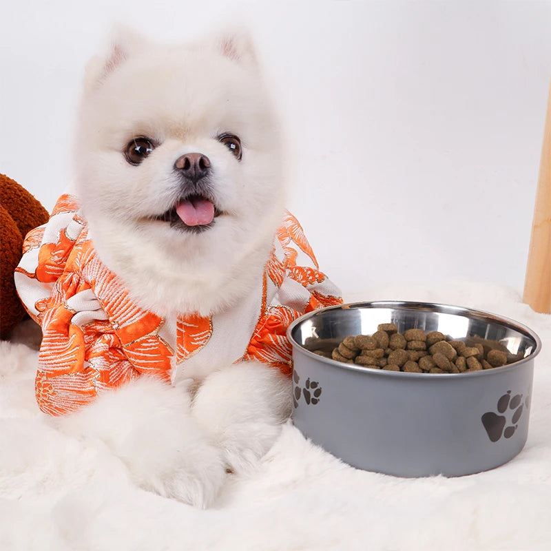 A cartoon-patterned pet bowl, easy to clean, made of stainless steel, suitable for both outdoor and indoor pet owners.
