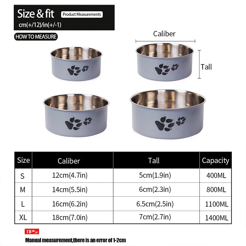 A cartoon-patterned pet bowl, easy to clean, made of stainless steel, suitable for both outdoor and indoor pet owners.