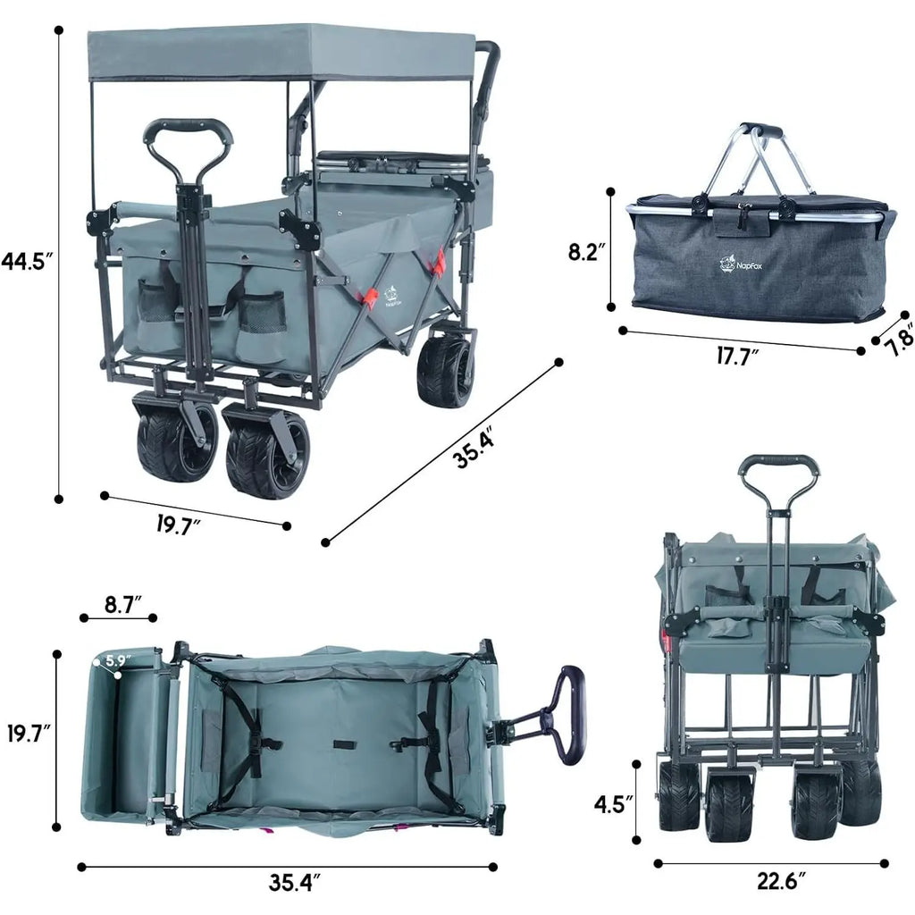 Heavy Duty Collapsible Wagon Cart Removable Canopy 4\" Wide Large All Terrain Wheels Adjustable Brake Handles for Camping