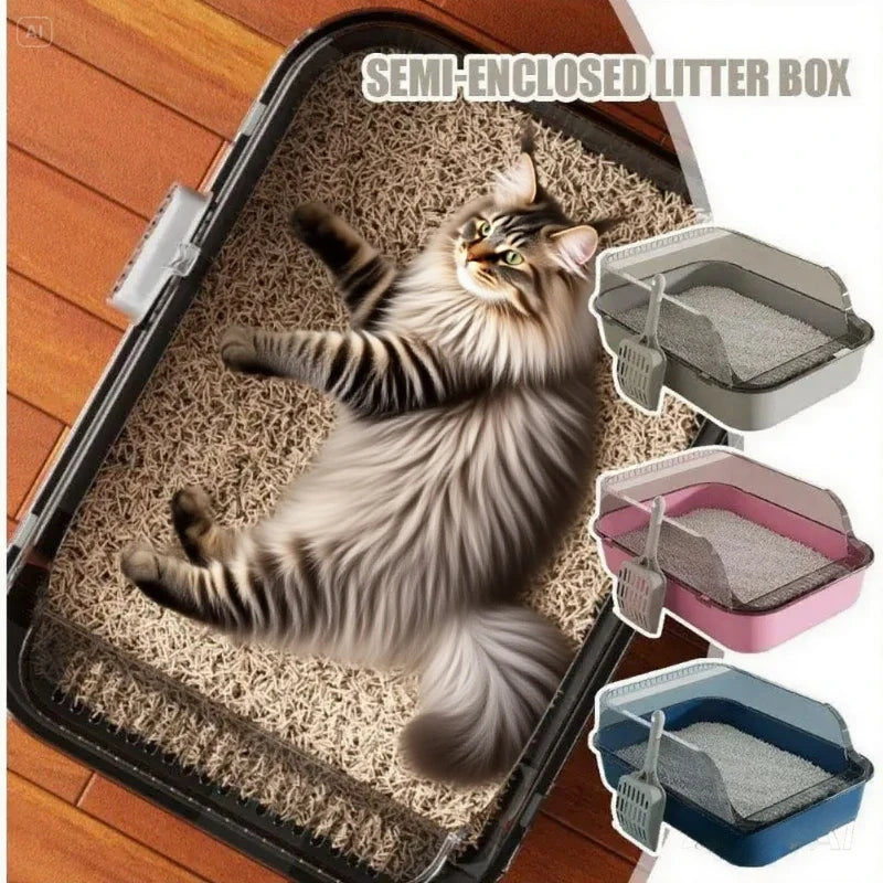 Easy Clean Cat Toilet Box with Scoop Semi Enclosed High Fence Open Top Kitty Litter Tray Durable Spacious Sandbox Pet Accessory