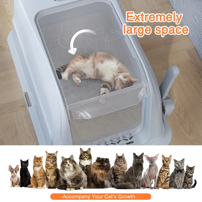 Enclosed Stainless Steel Cat Litter Box Cat Litter Box with Lid Mat & Scoop High-Sided Metal Kitty Leak-Proof Tray For Big Cats
