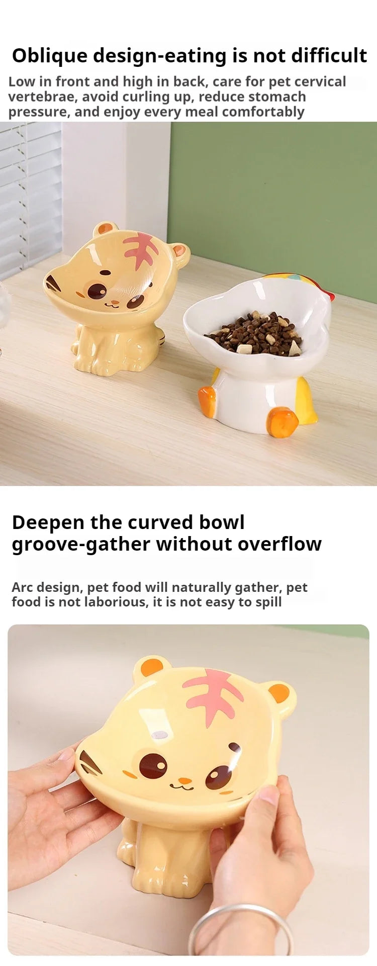 Cartoon cute pet bowl, ceramic high neck protection, anti black chin, multifunctional water and food container, cat and dog bowl
