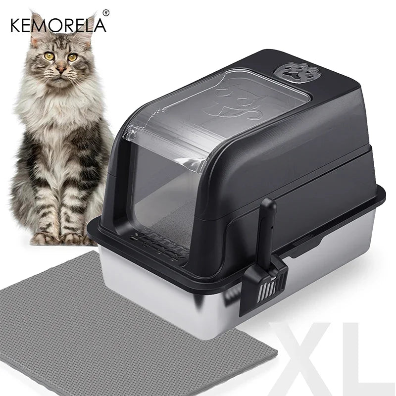 Enclosed Stainless Steel Cat Litter Box Cat Litter Box with Lid Mat & Scoop High-Sided Metal Kitty Leak-Proof Tray For Big Cats