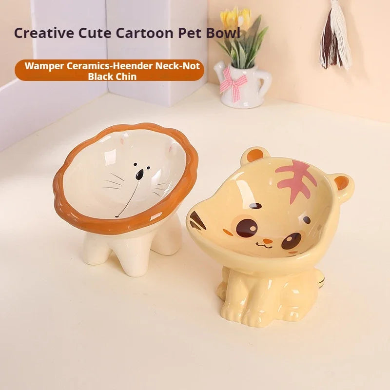 Cartoon cute pet bowl, ceramic high neck protection, anti black chin, multifunctional water and food container, cat and dog bowl