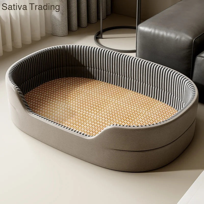 Dog Cat Kennel Universal for All Seasons Summer Pet Kennel with Rattan Mat Raised Edges Large Dog Bed Sofa-feel Mat Sleeping Pad