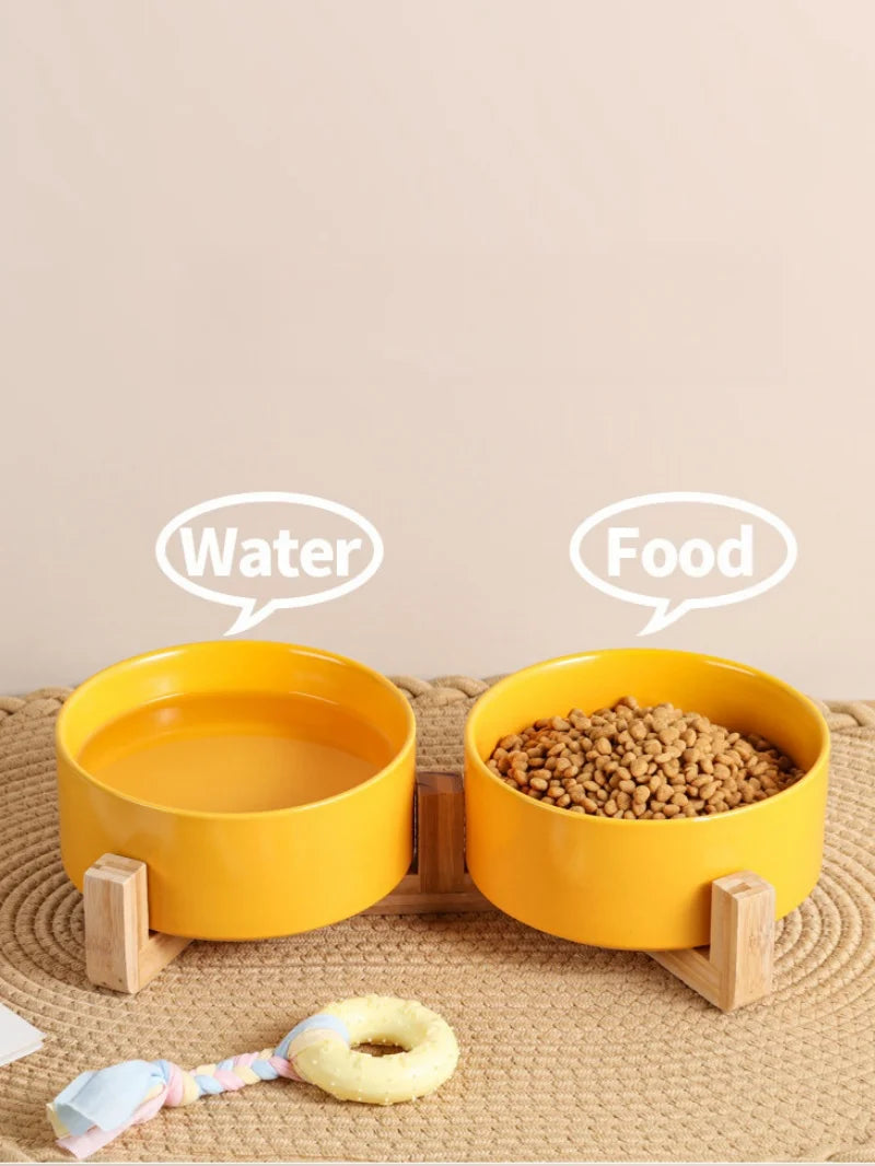 Ceramic Pet Bowl Dish With Wood Stand No Spill Pet Ceramic Double Bowl For Dog Cat Food Water Feeder Cats Small Dogs Pet bowl