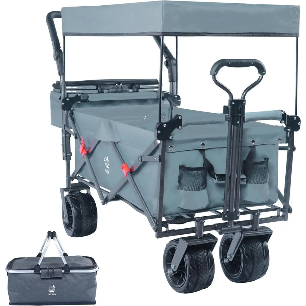 Heavy Duty Collapsible Wagon Cart Removable Canopy 4\" Wide Large All Terrain Wheels Adjustable Brake Handles for Camping