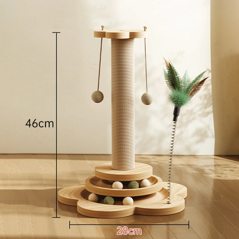 4-in-1 Wooden Cat Scratching Post with Track Ball, Feather & Sisal Balls, Interactive Scratcher Toy for Kittens Adult Cats